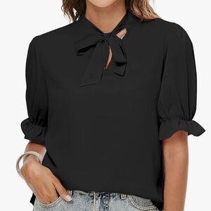 Women's Bow Tie Neck Ruffle Trim Puff Short Sleeve Blouse